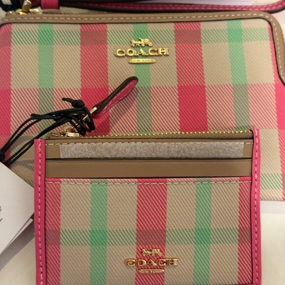 Coach Mini Skinny Id Case w wristlet/wallet /Plaid Print set/pink/ multi - Picture 7 of 16